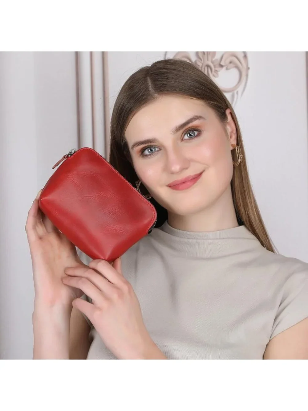 Premium Full Grain Leather Makeup Pouch - Small Travel Toiletry Organizer Bag